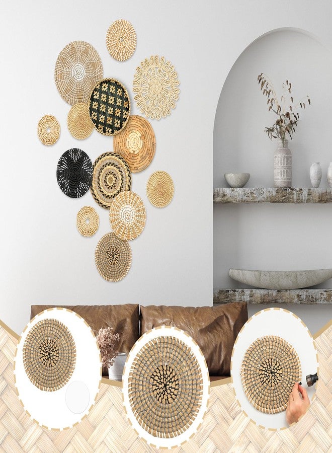 Glenmal Set of 13 Boho Wall Basket Decor Woven Rattan Flat Baskets Handmade Boho Wicker Bamboo Seagrass Wall Hanging Decor for Bedroom Living Room Dining Room Office Ready to Hang(Retro) - Image 2